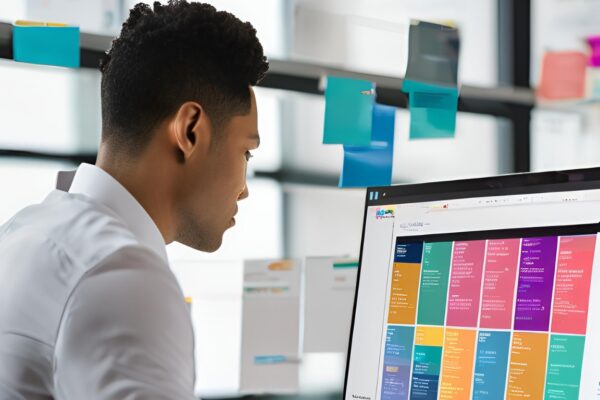 AI and Automation in Revolutionizing Recruitment A recruiter using AI-powered software to analyze candidate profiles on a computer screen.
