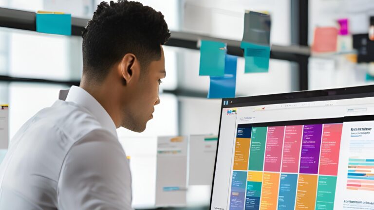 A recruiter using AI-powered software to analyze candidate profiles on a computer screen.