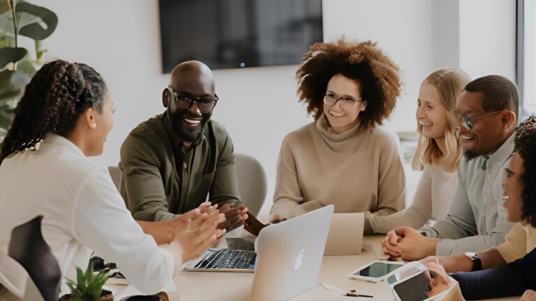 A diverse and inclusive team collaborating in a modern office setting.