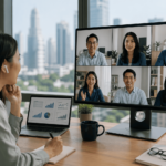 Professional woman conducting a video call with a diverse Southeast Asian team on a large screen, representing hire remote collaboration and modern distributed work.
