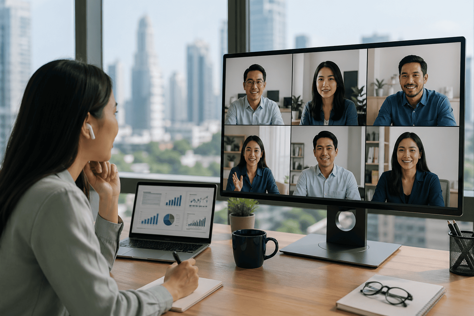 Professional woman conducting a video call with a diverse Southeast Asian team on a large screen, representing hire remote collaboration and modern distributed work.
