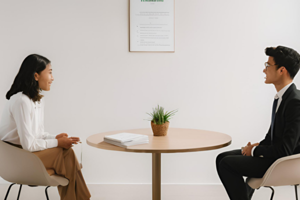 7 Insider Hacks to Impress Recruiters in Internship Interview A professional internship interview setting with a young woman and man seated across a round table, engaged in conversation, illustrating preparation and confidence in acing internship interviews.