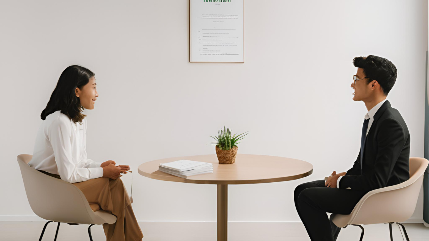 A professional internship interview setting with a young woman and man seated across a round table, engaged in conversation, illustrating preparation and confidence in acing internship interviews.