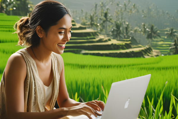 Career Opportunities in 2025 Smiling woman working on a laptop surrounded by lush green rice fields, symbolizing a flexible and remote career in a serene outdoor setting.