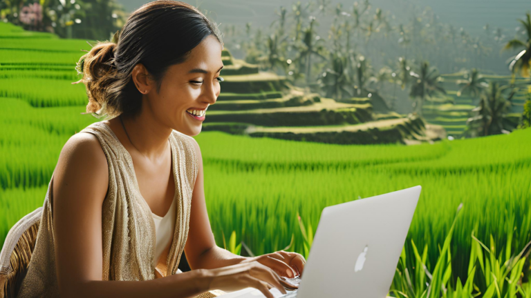 Smiling woman working on a laptop surrounded by lush green rice fields, symbolizing a flexible and remote career in a serene outdoor setting.