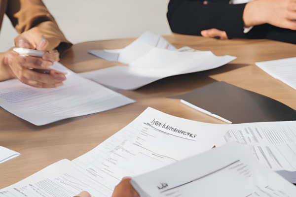 How to Answer Difficult Job Interview Questions Close-up of hands reviewing resumes and documents on a table during a job interview, emphasizing preparation and evaluation in the hiring process.