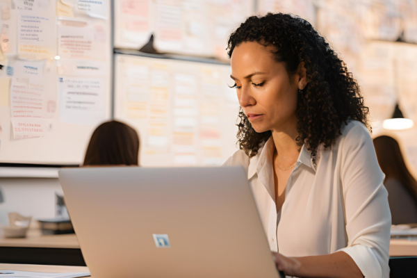 The Hidden Internship Opportunity You’re Missing on LinkedIn Focused woman working on her laptop to find internship opportunity with a brainstorming board filled with notes and ideas in the background, symbolizing planning and career growth