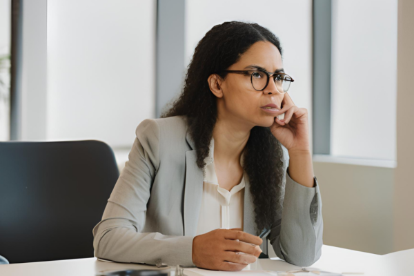 A job candidate pausing thoughtfully during an interview, sitting across from an interviewer in a modern office.