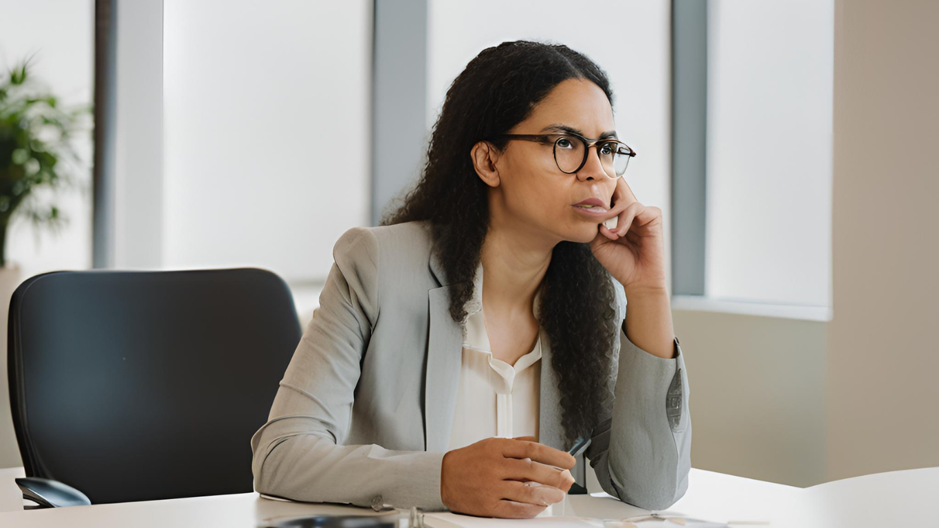 A job candidate pausing thoughtfully during an interview, sitting across from an interviewer in a modern office.