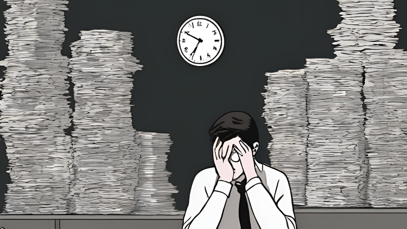 A frustrated intern in a toxic office environment, highlighting the struggles of working in red flag companies for internships.