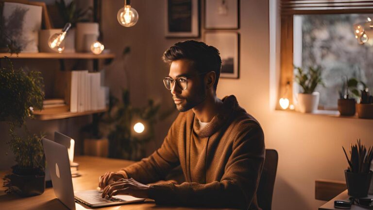 Young professional working remotely on a laptop in a modern home office, showcasing a productive remote internship experience.