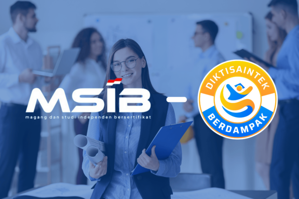 Magang Berdampak Sebuah Evolusi dari MSIB Logo MSIB dan Diktisaintek Magang Berdampak dengan latar mahasiswa yang sedang berdiskusi di lingkungan kerja profesional.