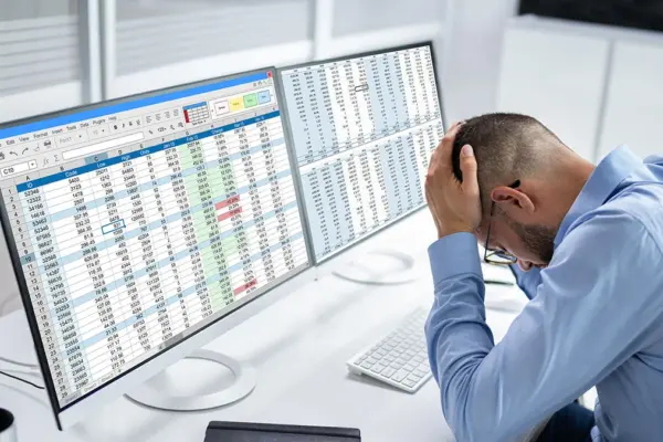 Excel Bukan Pilihan, Tapi Kebutuhan di Hampir Semua Profesi Seorang pria profesional terlihat stres di depan dua layar monitor berisi spreadsheet Excel penuh data angka dan tabel.