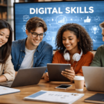 Seseorang sedang bekerja di depan laptop dengan tampilan data dan grafik di layar, menunjukkan aktivitas pengembangan keterampilan digital.