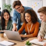 Sekelompok anak magang sedang bekerja bersama di depan laptop di sebuah kantor modern, sambil tersenyum dan berdiskusi.