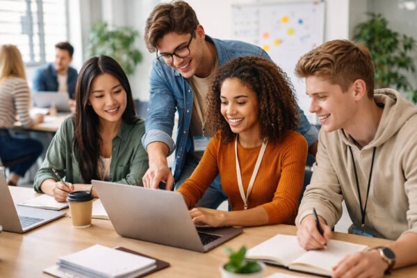 Sekelompok anak magang sedang bekerja bersama di depan laptop di sebuah kantor modern, sambil tersenyum dan berdiskusi.