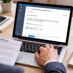 Seseorang sedang mengetik email lamaran kerja di laptop sambil memegang CV di meja kerja yang rapi.