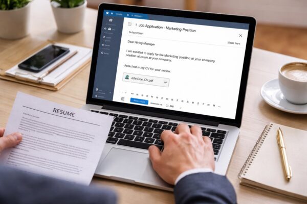 Seseorang sedang mengetik email lamaran kerja di laptop sambil memegang CV di meja kerja yang rapi.