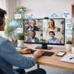 Seorang profesional bekerja secara remote dari rumah, mengikuti video meeting dengan tim internasional melalui laptop di meja kerja yang rapi.