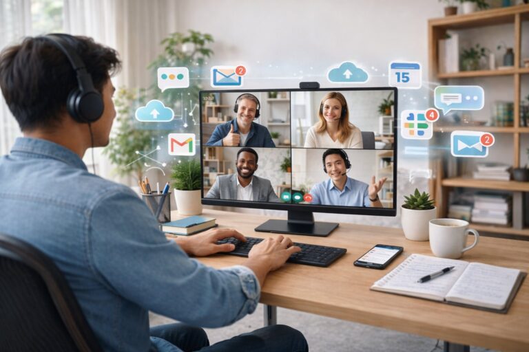 Seorang profesional bekerja secara remote dari rumah, mengikuti video meeting dengan tim internasional melalui laptop di meja kerja yang rapi.