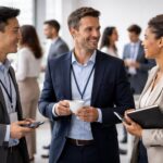 Sekelompok profesional sedang berbincang santai dalam acara networking di lingkungan kantor modern.