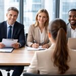 Job candidate sitting across from a panel of three interviewers during a formal work interview in a modern office