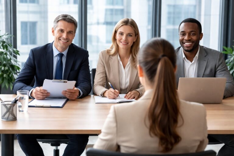 Job candidate sitting across from a panel of three interviewers during a formal work interview in a modern office