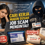 Ilustrasi pencari kerja yang frustasi di depan laptop dengan ancaman penipuan lowongan kerja (job scam) di tengah meningkatnya persaingan mencari pekerjaan.
