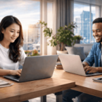 Dua profesional muda bekerja remote menggunakan laptop dari rumah dengan suasana workspace yang nyaman.