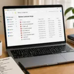 Laptop menampilkan folder urutan berkas lamaran kerja yang benar dan professional dengan urutan file rapi mulai dari cover letter, CV, ijazah, transkrip nilai, sertifikat, portofolio, surat rekomendasi, KTP, hingga pas foto, dilengkapi checklist di meja.