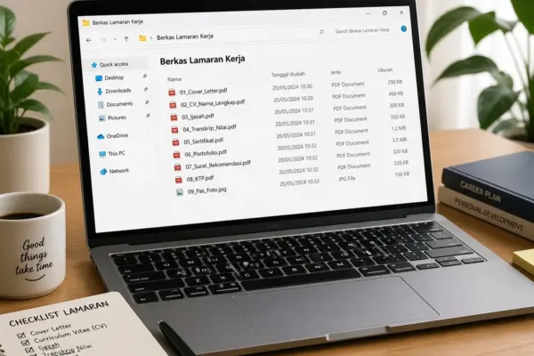 Laptop menampilkan folder urutan berkas lamaran kerja yang benar dan professional dengan urutan file rapi mulai dari cover letter, CV, ijazah, transkrip nilai, sertifikat, portofolio, surat rekomendasi, KTP, hingga pas foto, dilengkapi checklist di meja.