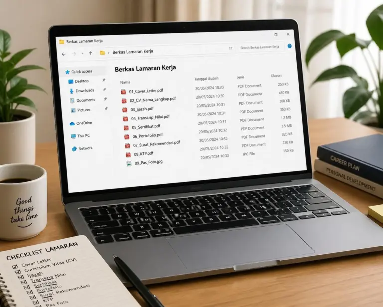 Laptop menampilkan folder urutan berkas lamaran kerja yang benar dan professional dengan urutan file rapi mulai dari cover letter, CV, ijazah, transkrip nilai, sertifikat, portofolio, surat rekomendasi, KTP, hingga pas foto, dilengkapi checklist di meja.