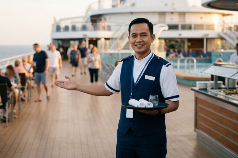 Pekerja hospitality kapal pesiar membawa nampan di area deck cruise ship