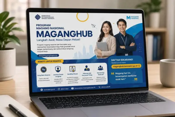 Laptop terbuka menampilkan flyer Program MagangHub Kemnaker dengan informasi manfaat magang nasional bagi fresh graduate.