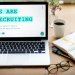 Laptop dengan tulisan “We Are Recruiting” di layar, ditemani buku catatan, kopi, dan kacamata di meja kerja sebagai illustrasi bolehkah melamar lagi diperusahaan yang sama