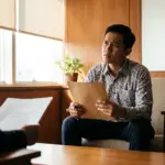 Seorang kandidat tampak berpikir keras saat menjawab pertanyaan interview kerja, menggambarkan momen kritis yang sering menentukan lolos tidaknya seleksi.