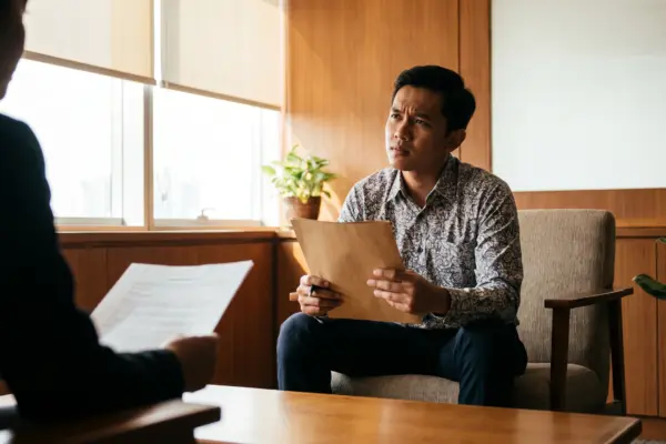 Seorang kandidat tampak berpikir keras saat menjawab pertanyaan interview kerja, menggambarkan momen kritis yang sering menentukan lolos tidaknya seleksi.