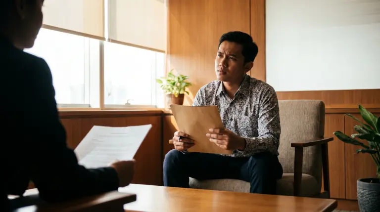 Seorang kandidat tampak berpikir keras saat menjawab pertanyaan interview kerja, menggambarkan momen kritis yang sering menentukan lolos tidaknya seleksi.