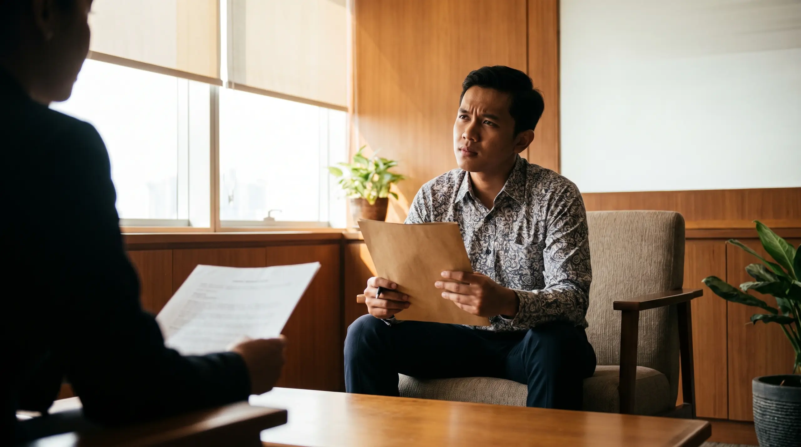 Seorang kandidat tampak berpikir keras saat menjawab pertanyaan interview kerja, menggambarkan momen kritis yang sering menentukan lolos tidaknya seleksi.