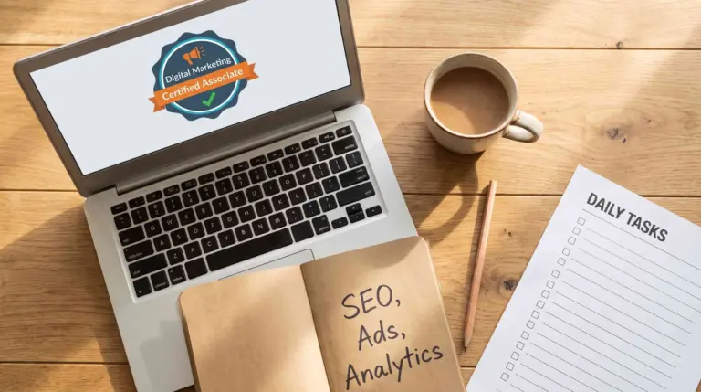Meja kerja dengan laptop menampilkan sertifikat digital marketing, catatan SEO dan Analytics, dan checklist pilihan sertifikasi